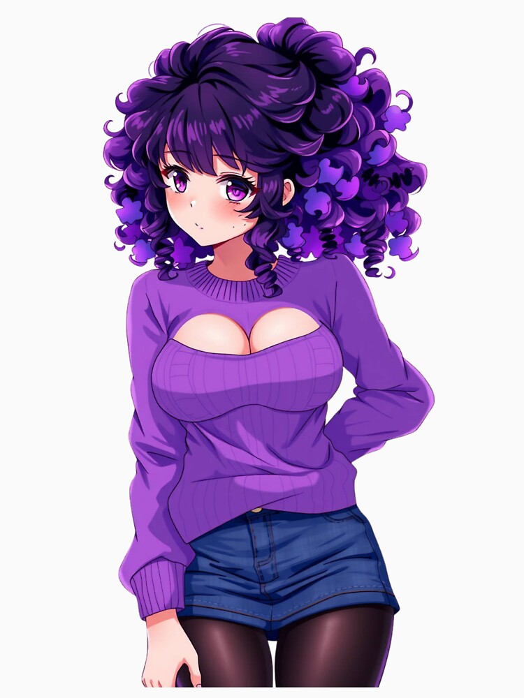 Curly-haired anime girl wears purple sweater with gentle expression by BiranoVule