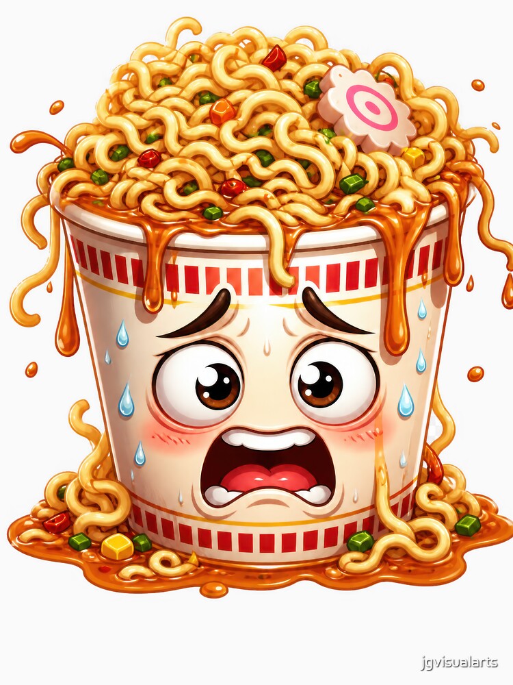 Stressed Overflowing Instant Ramen Cup Cartoon Character by jgvisualarts