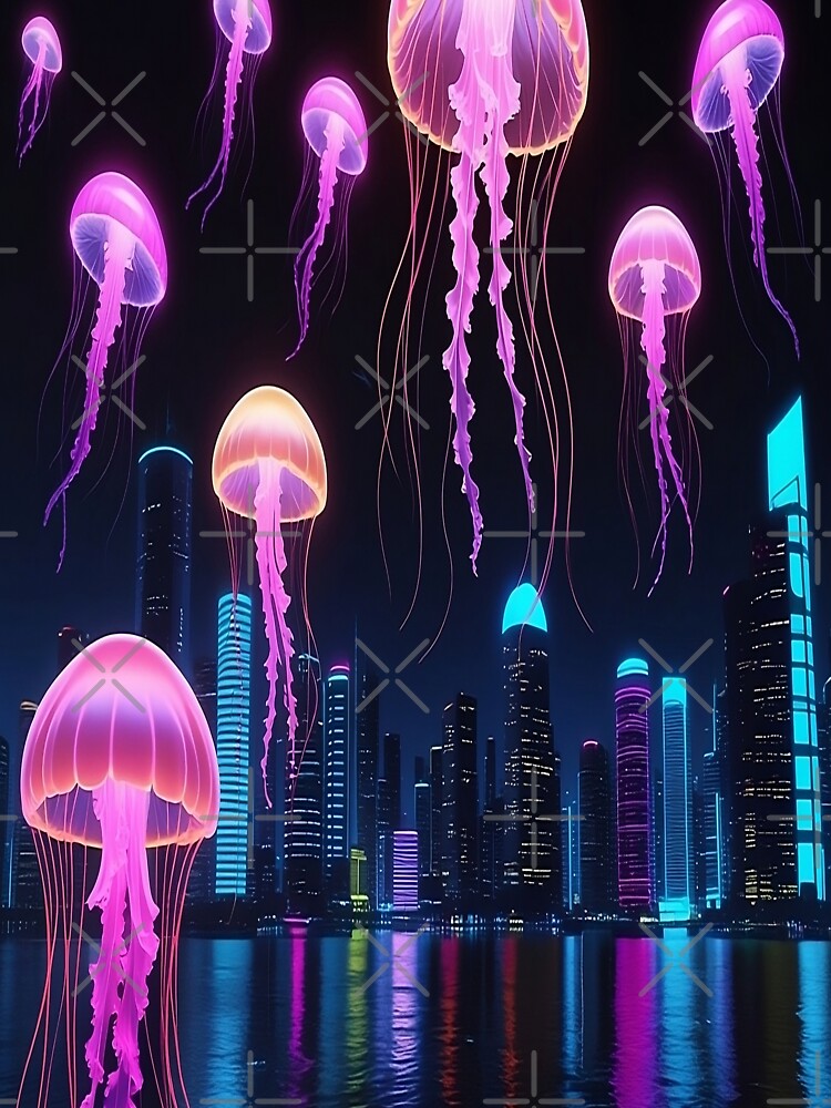 Neon Jellyfish Over Cyber City – Sci-Fi Glowing Art by TONSNAP