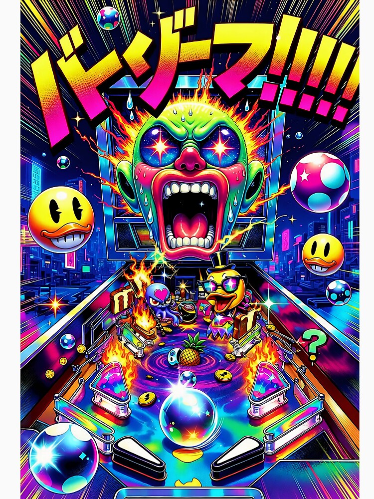 Pinball Chaos - Psychedelic Japanese Arcade Monster with Flaming Duck & Neon Art by David Brookes Digital