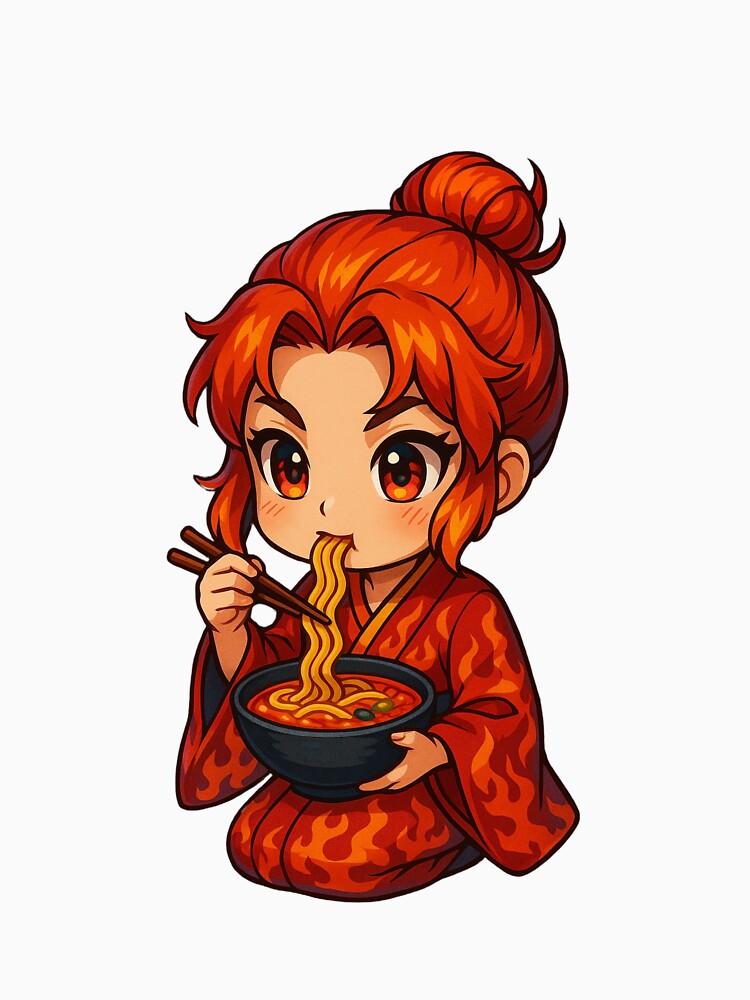 Fiery Flame Princess Chibi Eating Ramen – Cute Kawaii Anime Girl Design by ColorSplash123