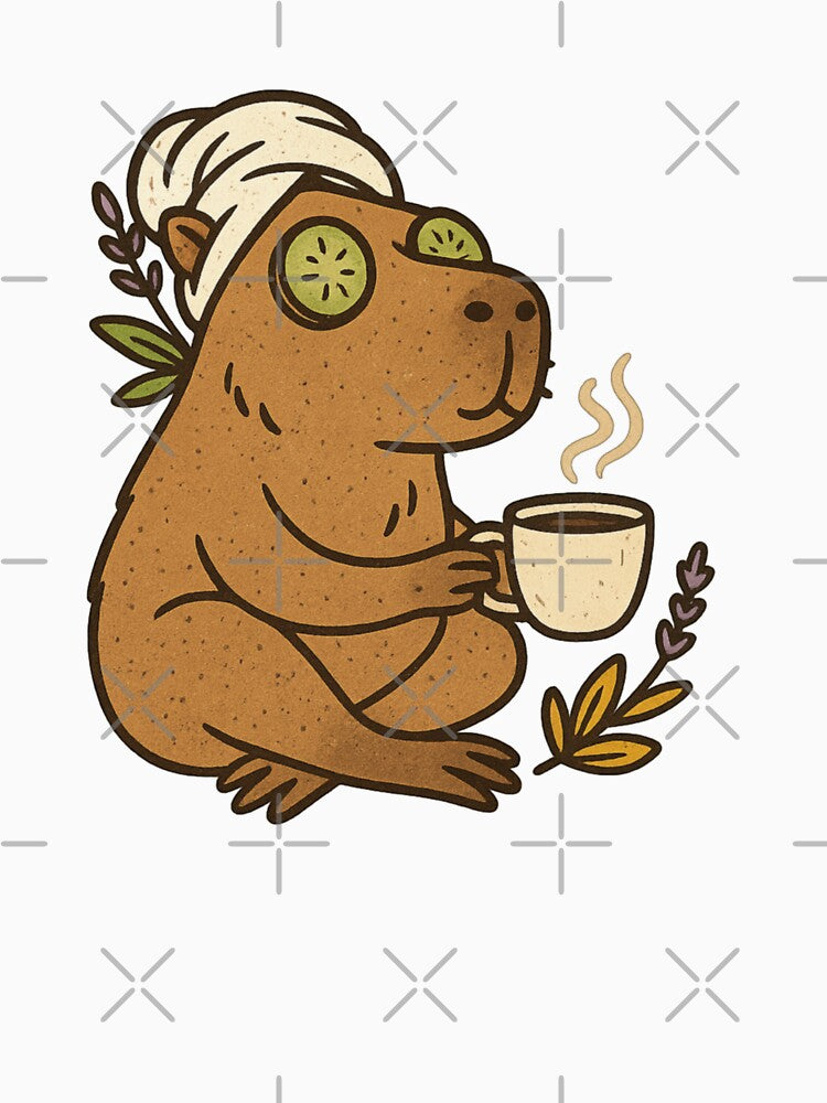 Spa Day Capybara – Cute Relaxing Rodent with Coffee, Towel & Cucumber Eyes | Funny Sublimation & Sticker Art by Memorph
