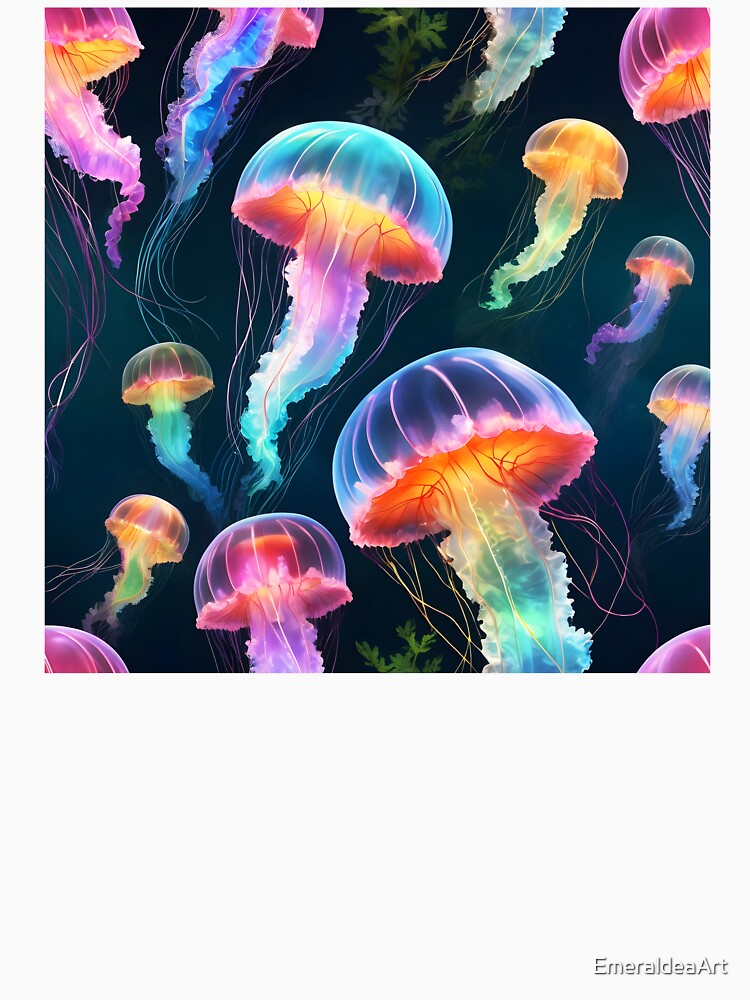 Glowing Multicolor Jellyfish in Deep Ocean by EmeraldeaArt