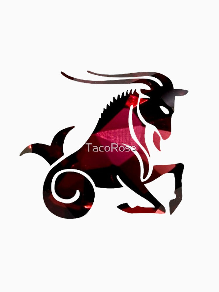 Capricorn Zodiac Symbol Silhouette Design With January Birthstone Garnet Background by TacoRose