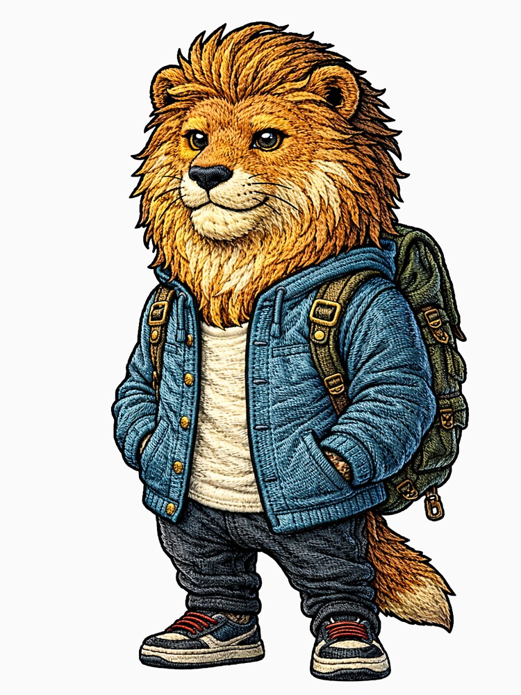 Travel Nomad Lion – Embroidered Patch Style Adventure Streetwear Animal Art by ColorSplash123