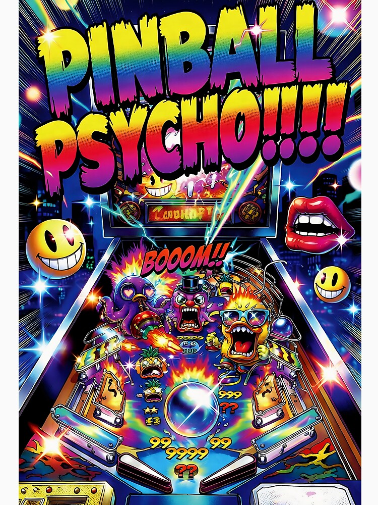 Pinball Psycho!!! - Psychedelic Neon Pinball Machine with Crazy Monsters Art by David Brookes Digital