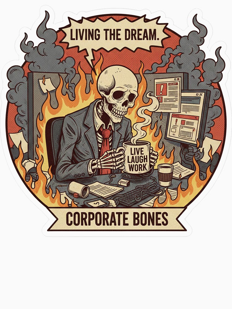 Living The Dream Skeleton – Corporate Burnout Comic Style by Appolishop