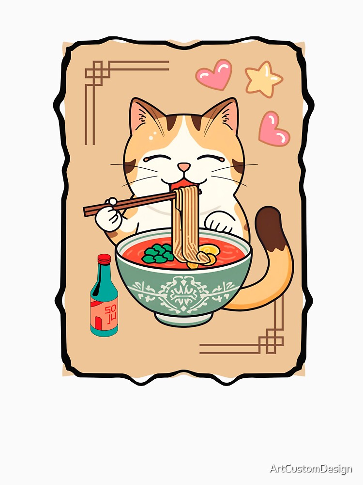 Funny Anime Cat Eating Spicy Korean Ramen by ArtCustomDesign