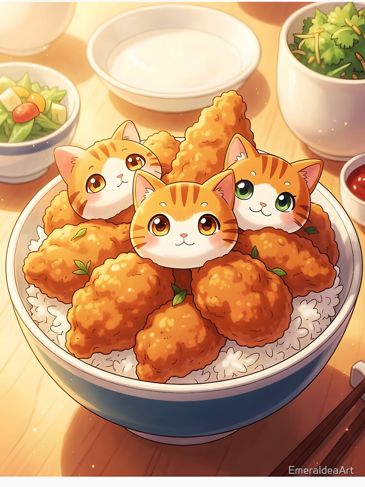 Orange Tabby Cat Dumplings in Fried Chicken Rice Bowl – Cute Anime Food Illustration by EmeraldeaArt