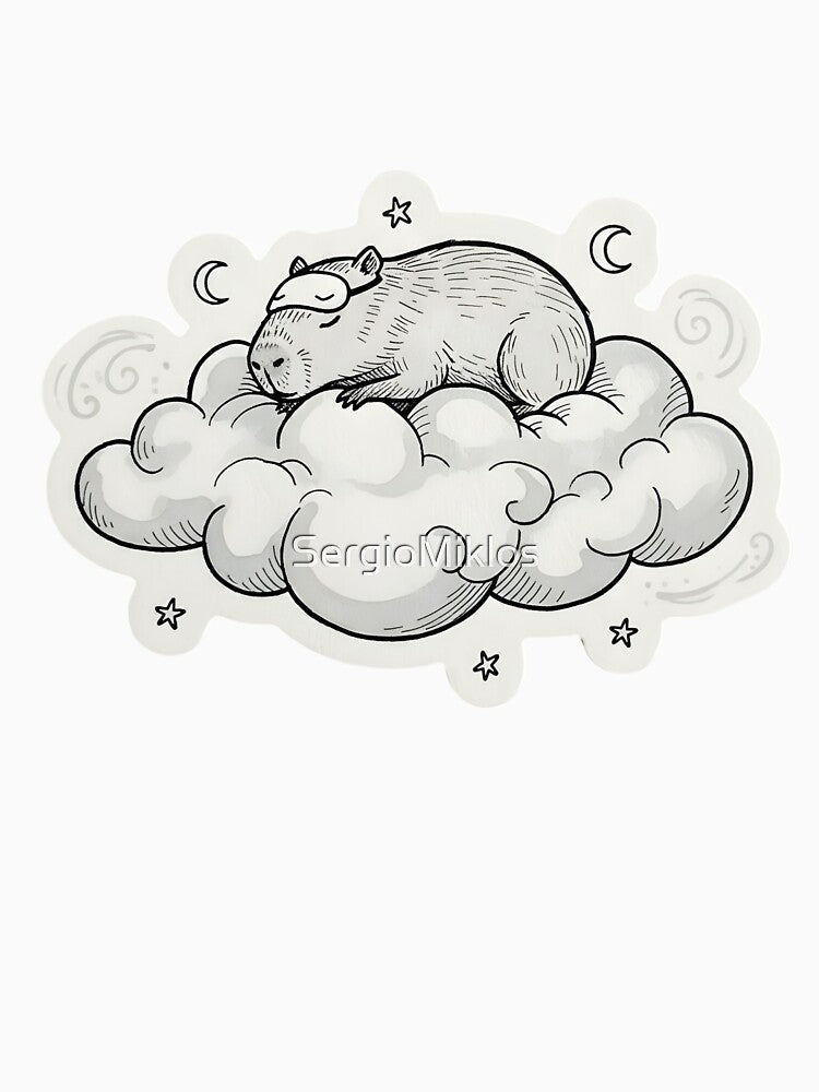 Chill Capybara Cloud Napper | Sleepy Animal Dreamer Sticker | Black & White Cozy Wildlife Art by SergioMiklos