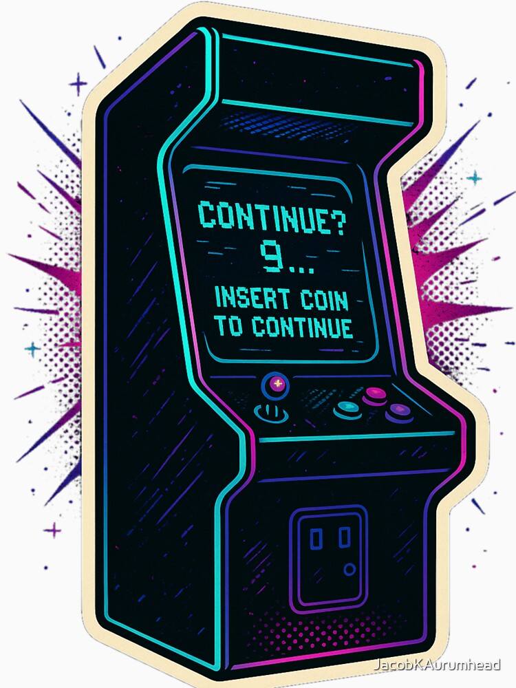 Retro Arcade Neon Sticker – Insert Coin to Continue 80s Gaming Glitch Art by JacobKAurumhead