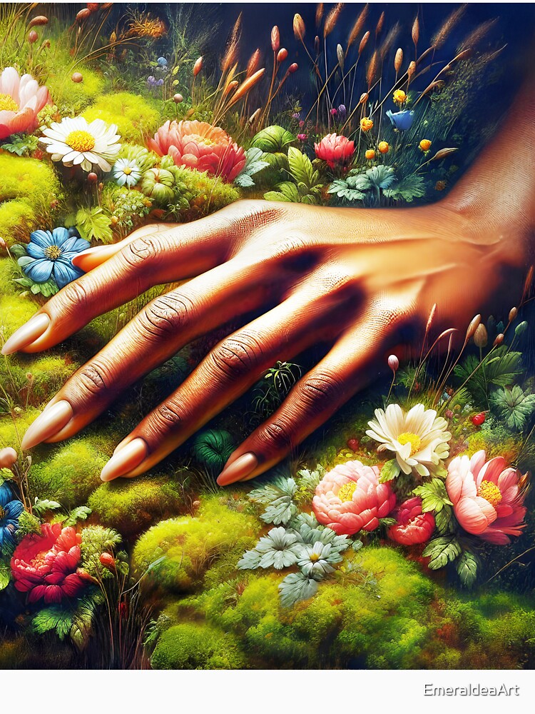 beautiful natural manicured nails female hand placed on mossy wildflowers by EmeraldeaArt