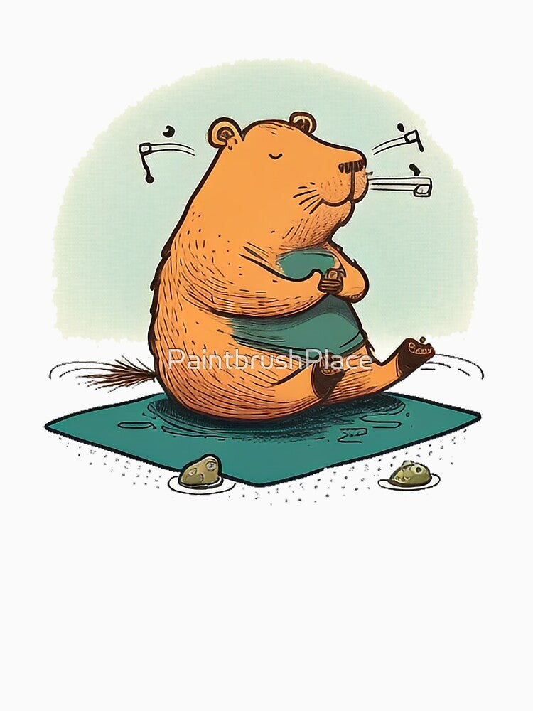 Funny Yoga Capybara Sticker – Peaceful Cartoon Animal Illustration by PaintbrushPlace