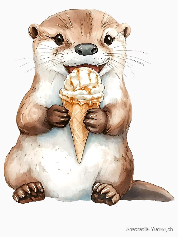 Watercolor otter holding ice cream cone. Cute otter eating ice cream in watercolor style by Anastasiia Yurevych