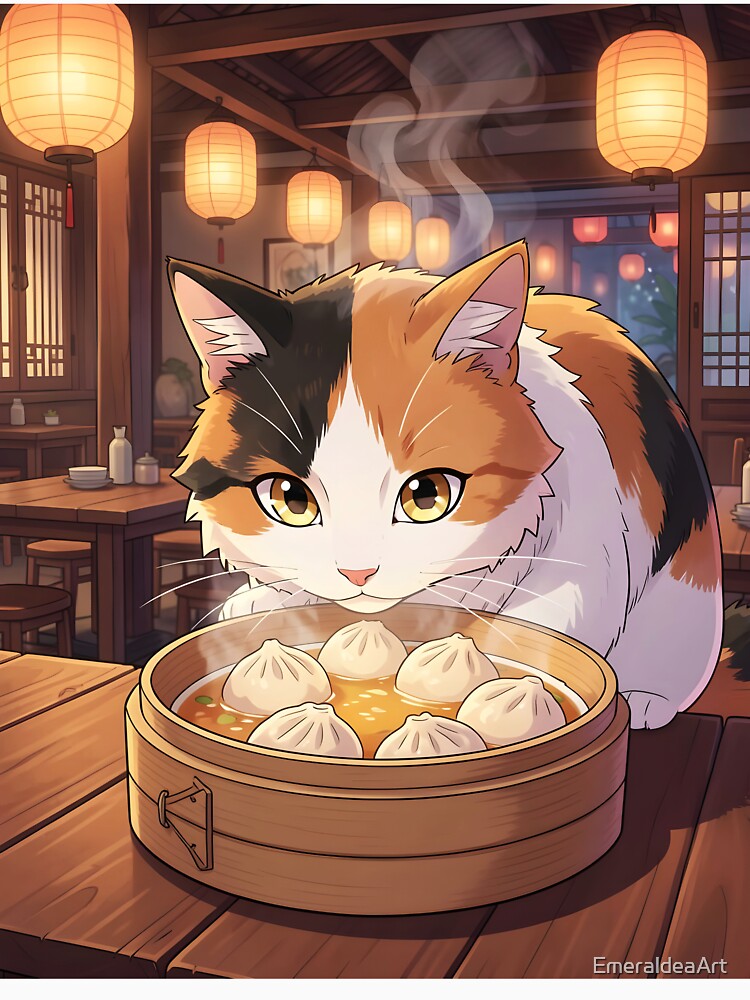 Tricolor Tortoiseshell Cat Enjoying Dim Sum Soup – Cute Anime Restaurant Scene by EmeraldeaArt