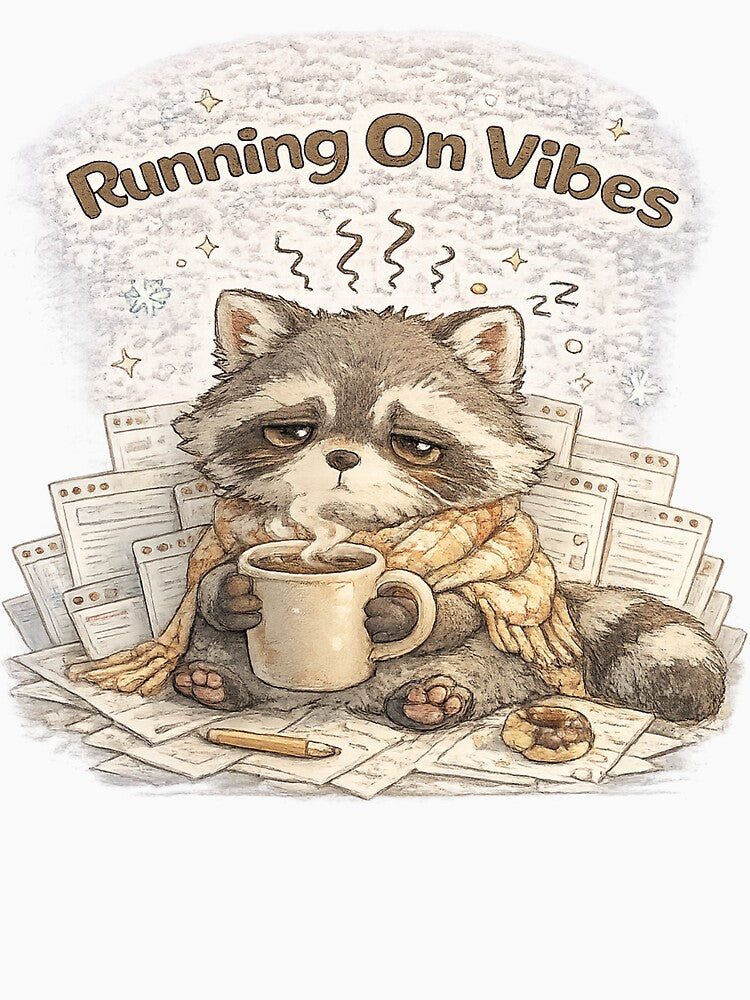 Tired Raccoon – Running On Vibes | Sleep Deprived Trash Raccoon by Clothes With Smiling Animals Walt Gral