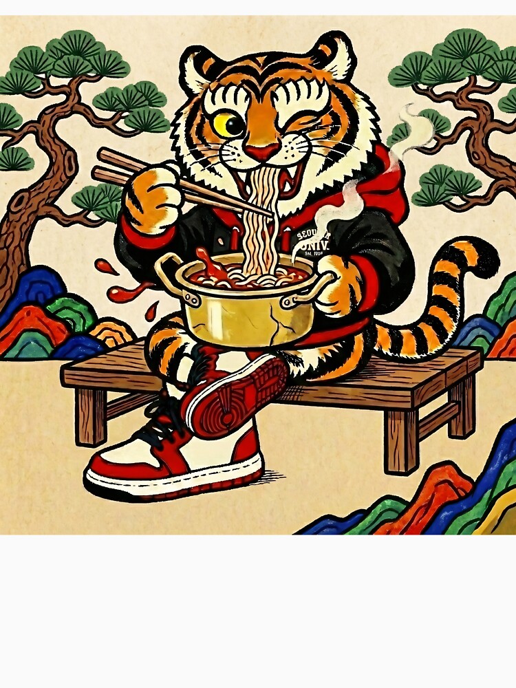 Hip-Bum: Korean Folk Art Tiger Eating Ramen by DimensionV Studio