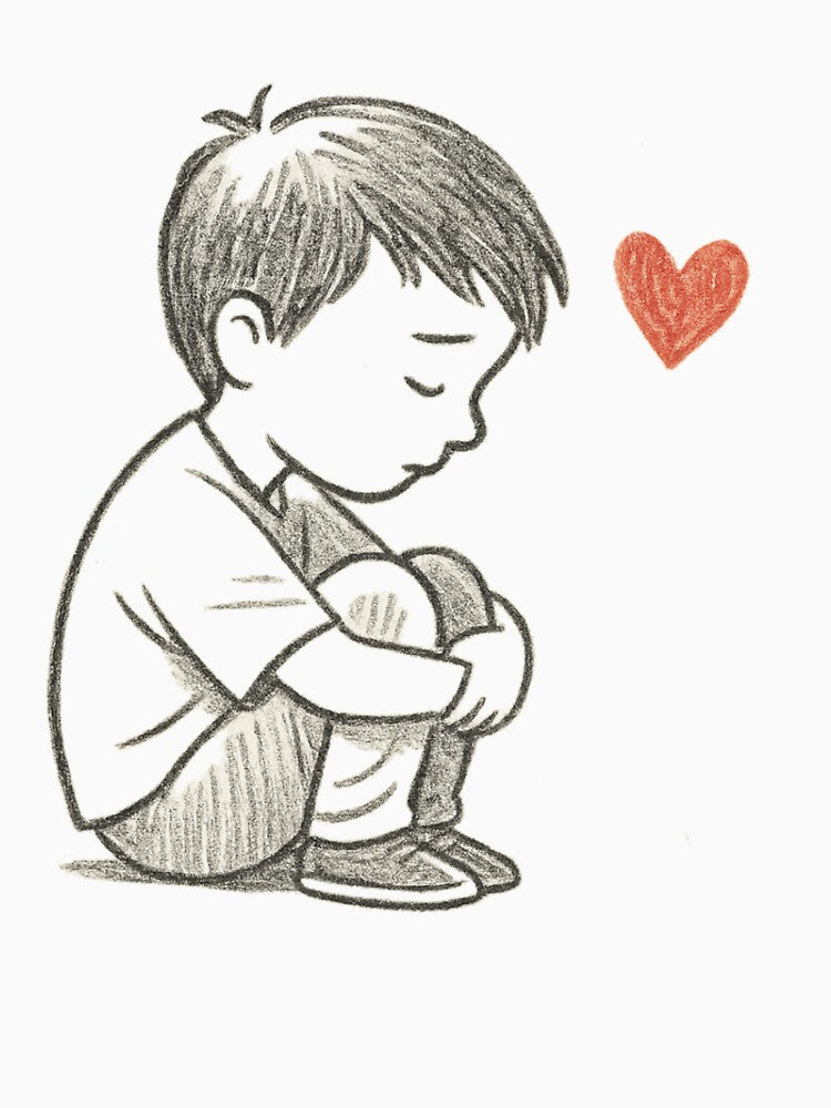 Sad Boy Sitting with Heart – Emotional Healing Line Art Design by Just Meaningful