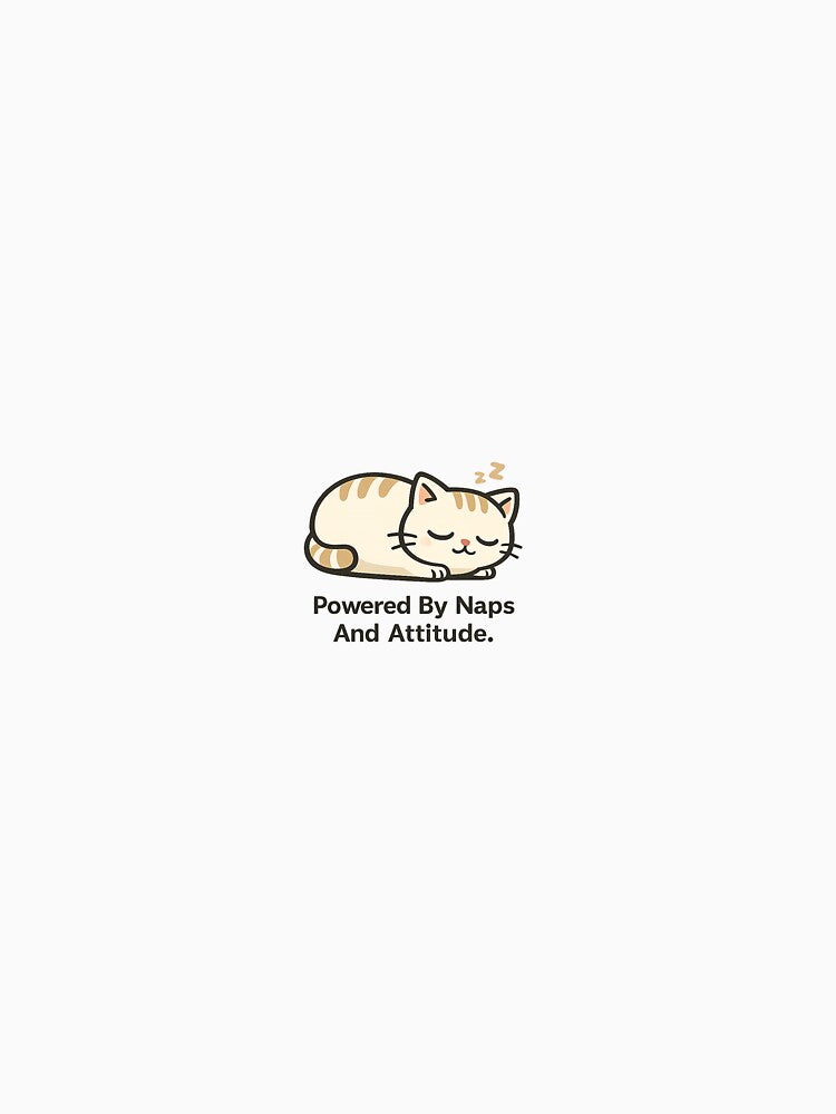 Powered By Naps And Attitude – Cute Sleepy Cat Minimalist Illustration by SillyCowStudio