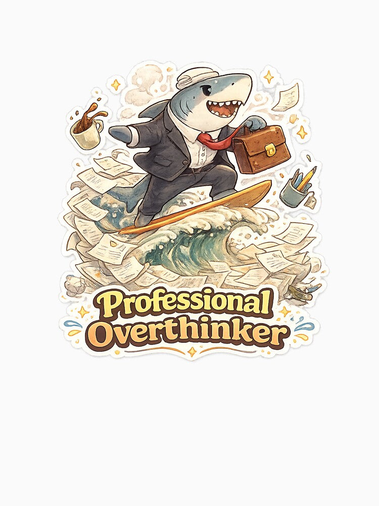 Professional Overthinker – Shark Surfing Office Chaos Funny Cartoon T-Shirt by NarpLTD