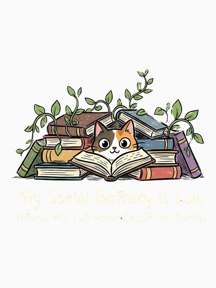 My Social Battery Is Low | Funny Introvert Cat, Books & Plants by blakfrog
