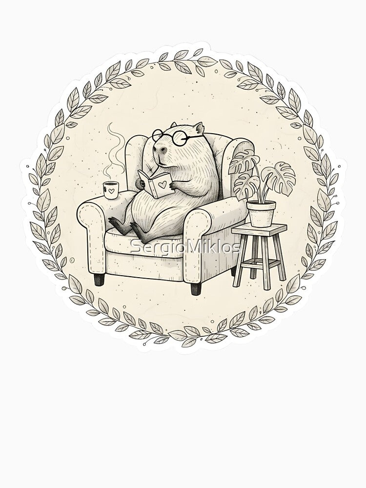 Chill Capybara Reading Sticker | Cozy Book Lover Animal Art | Black & White Literary Design by SergioMiklos