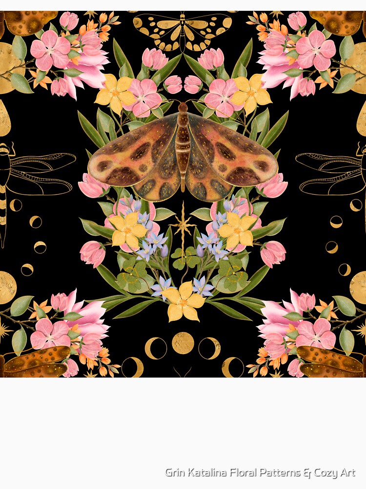 Vintage Botanical Moth Pattern On Black Background by Grin Katalina Floral Patterns & Cozy Art