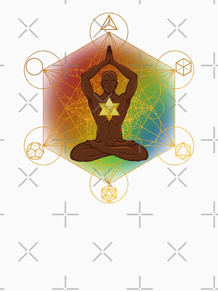 Rainbow Sacred Geometry Meditating Man with Merkaba | Rainbow Chakra Spiritual Art by MJ Koldewyn