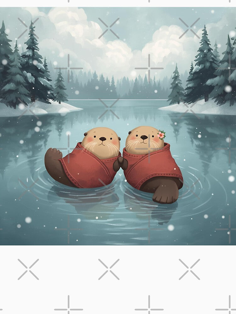 Floating Otters in Love on a Winter Lake by WildlifeWhimsy