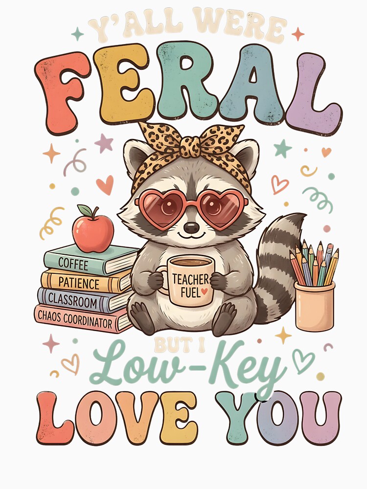 Y'all Were Feral But I Low Key Love You : Funny Teacher Quote Raccoon Iced Coffee Classroom Appreciation png Retro Cute School Humor by NewaveBoutique