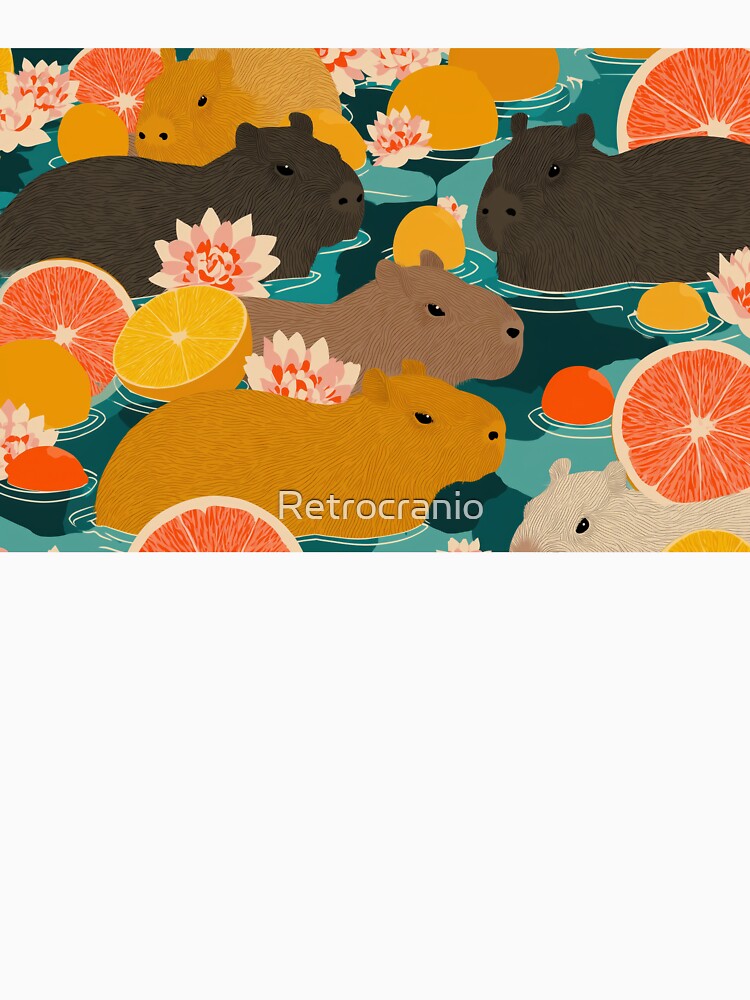 Capybaras in Citrus Paradise – Whimsical Fruit Bath Illustration by Retrocranio