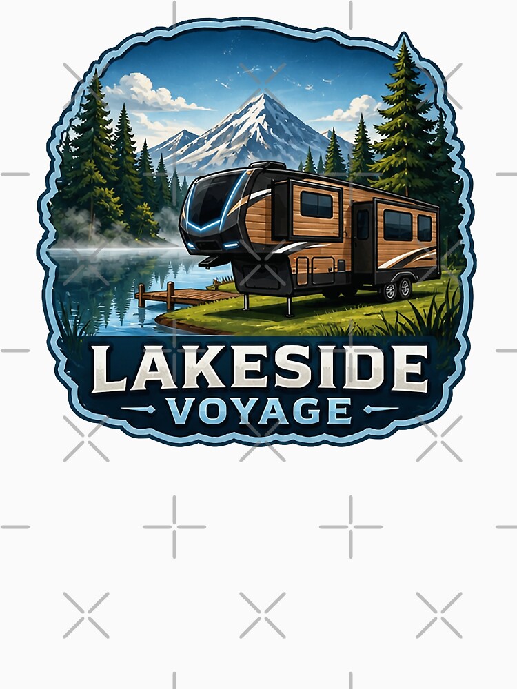 Lakeside Voyage Fifth Wheel RV Art - Scenic Mountain Lake Camping Design by SasquatchTrail