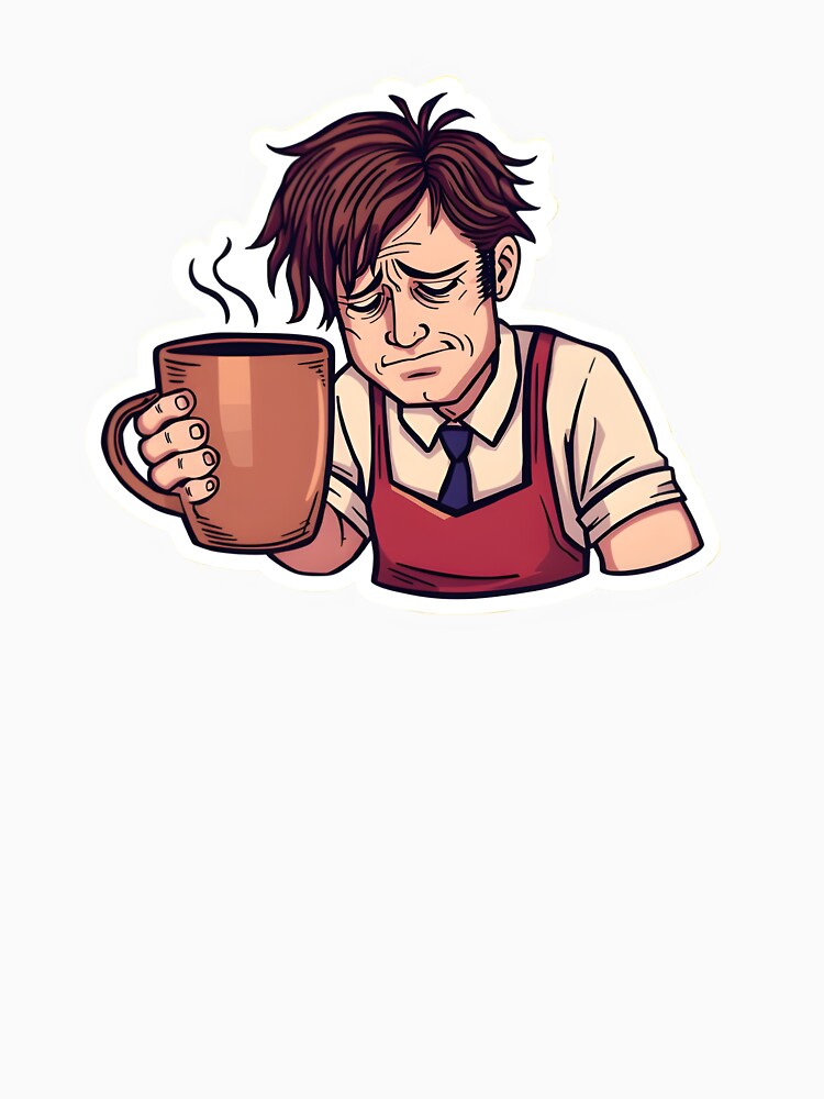 Tired Barista Coffee Sticker – Funny Exhausted Coffee Worker Illustration | Caffeine Survival Humor by StickerNexa