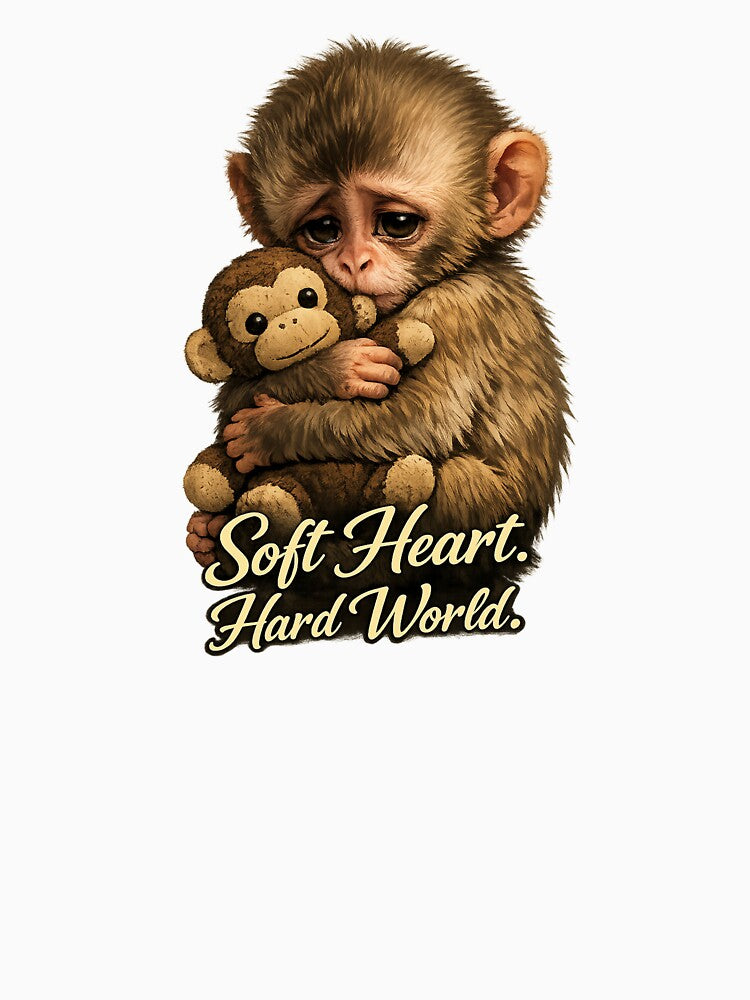 Soft Heart Hard World Baby Monkey – Emotional Comfort Plush Toy Aesthetic by inaveed