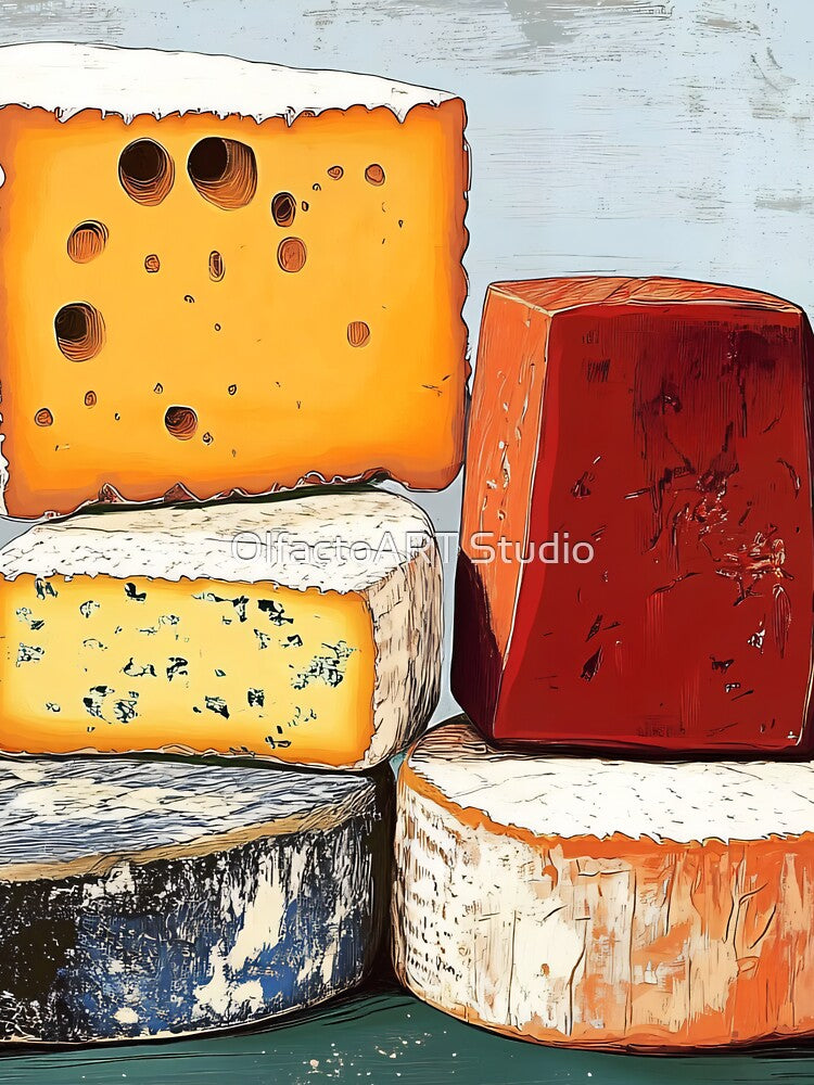 A Rustic Tower of Cheeses Showcasing Texture, Color and Artful Culinary Display by OlfactoART Studio