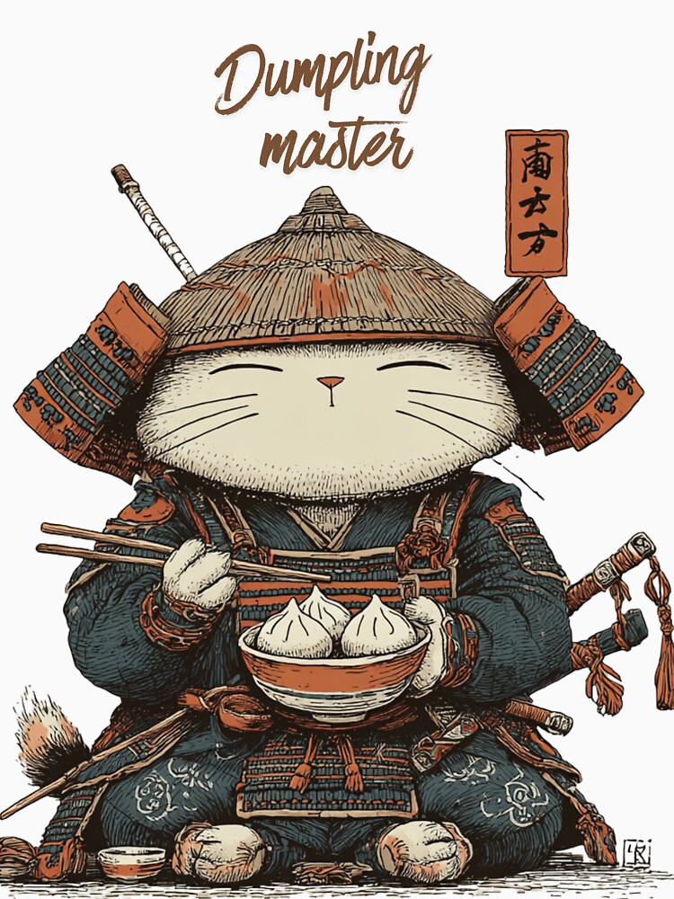 Dumpling Master – Cute Samurai Cat Eating Dumplings Kawaii Design by De Aqui y de Alla Studio