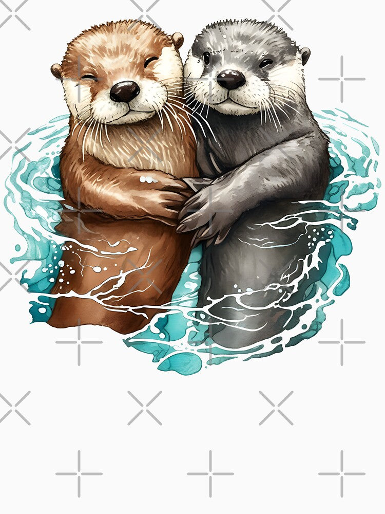 Adorable Sea Otter Couple Holding Hands Cute Floating Otters Watercolor Illustration by DrawHandArt