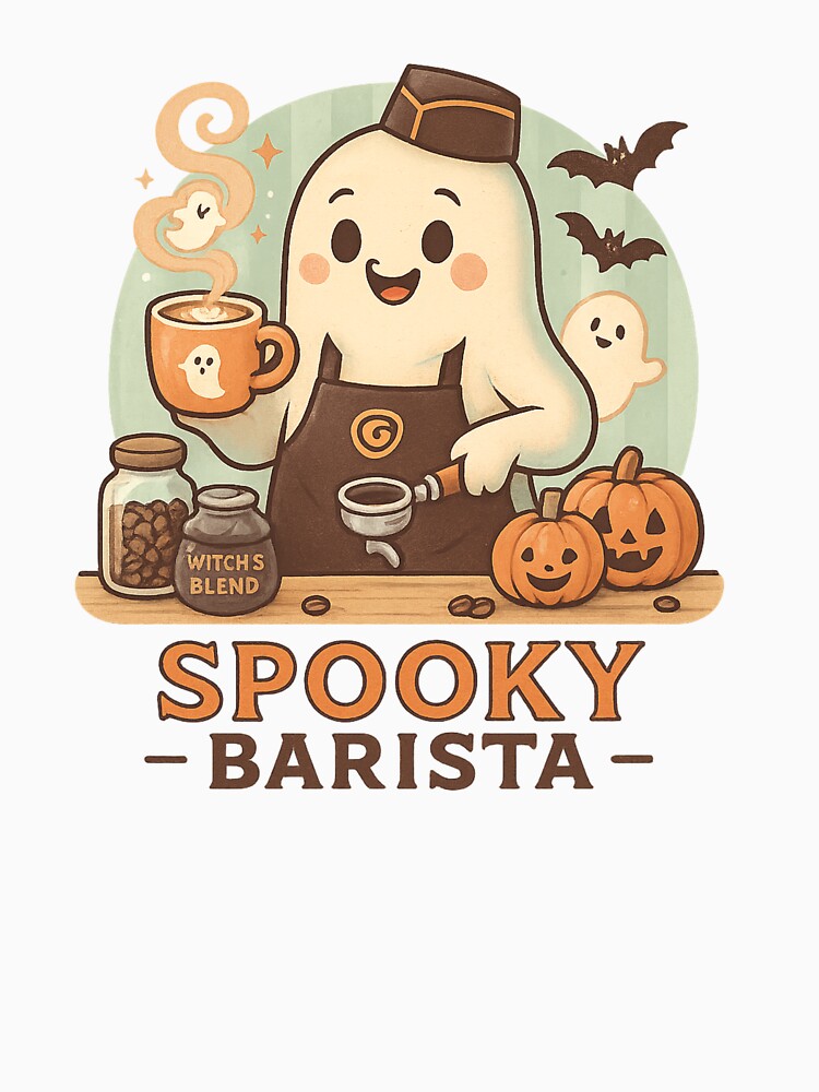 Spooky Barista – Cute Coffee‑Loving Ghost with Pumpkins and Bats by VibeOasis