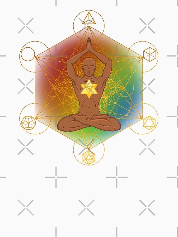 Sacred Geometry Meditating Man with Merkaba | Rainbow Chakra Spiritual Art by MJ Koldewyn