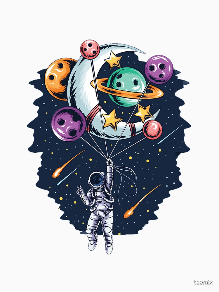 astronaut flies in space with balloon planets and moons vector artwork by teemix