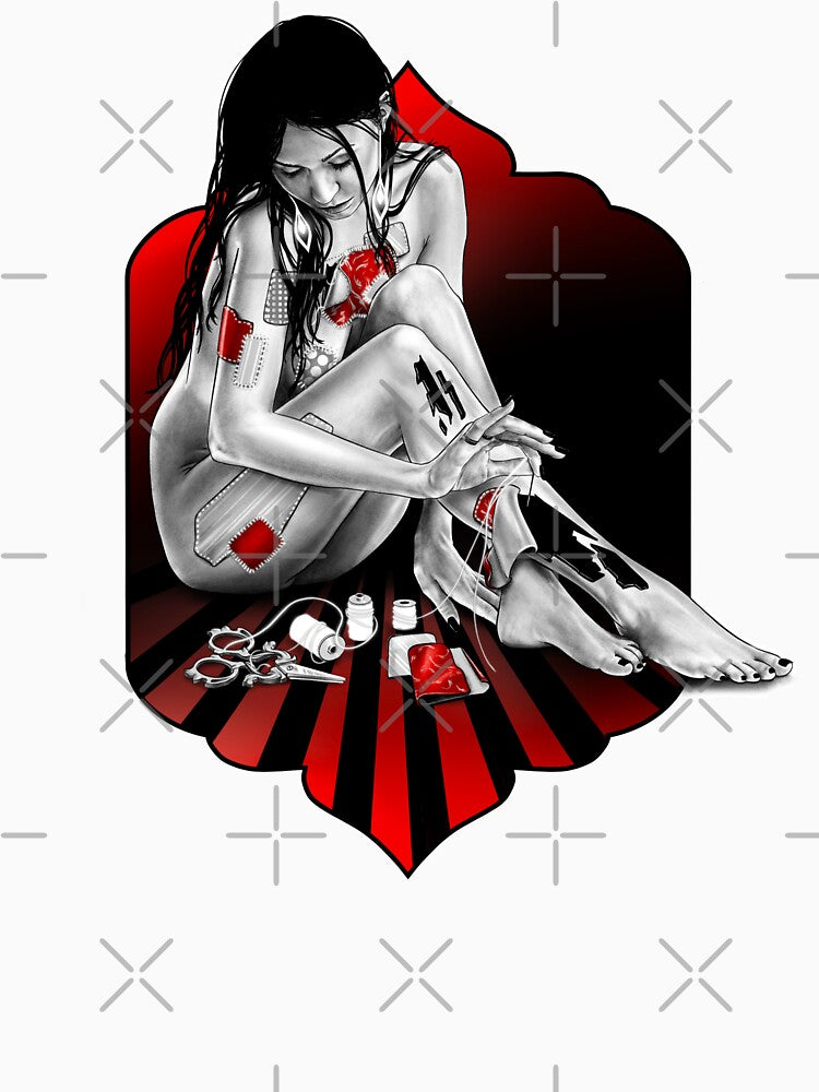 Patch by patch- a portrait (black and red illustration on white) by Anicatattoos