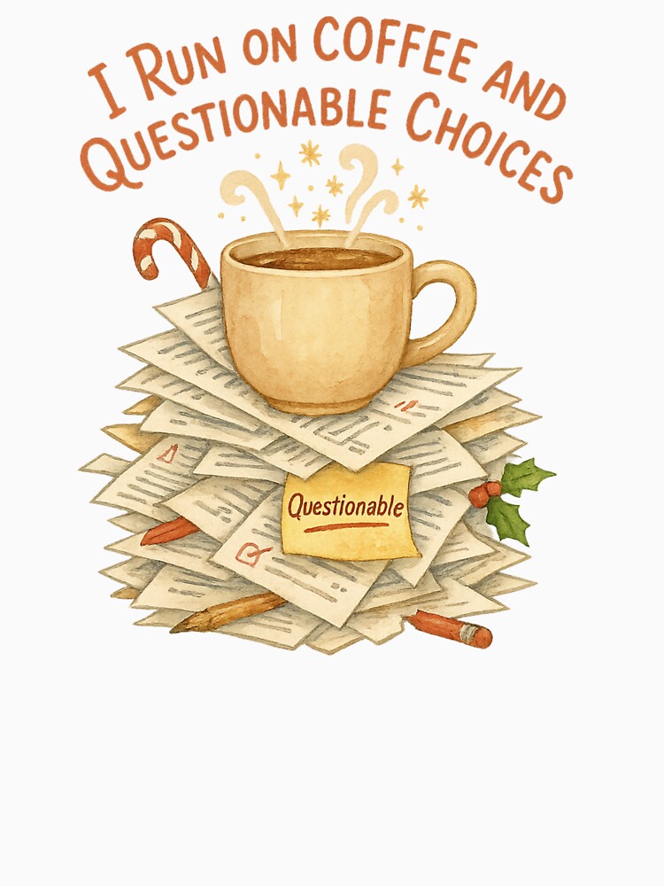 I Run on Coffee and Questionable Choices | Funny Teacher Christmas Coffee | Grading Papers Humor Watercolor Design by Just You Tee | Say It Loud, Wear It Proud