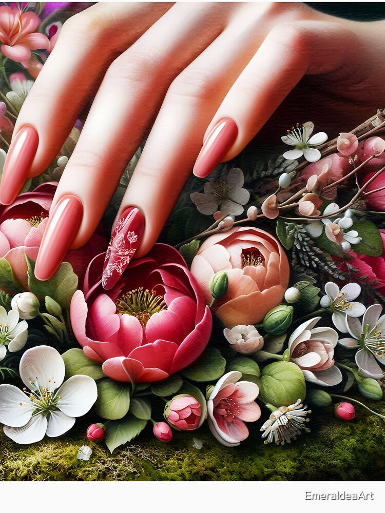 beautiful manicured pastel purple nails female hand placed on blooming peonies vintage flowers by EmeraldeaArt