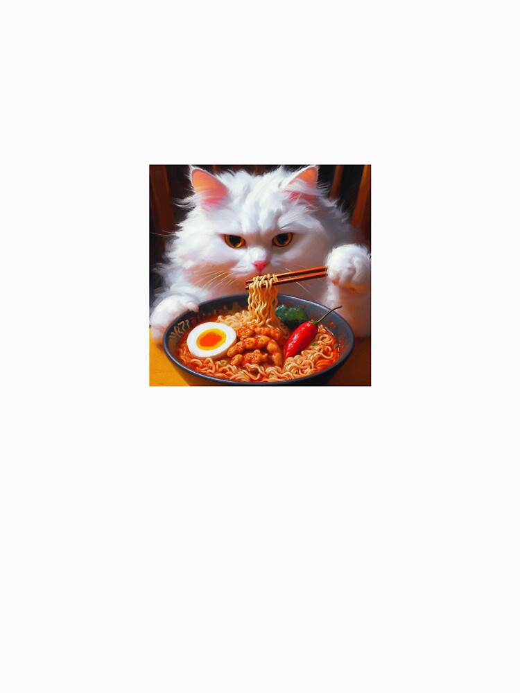 white cat eating spicy ramen noodle soup by boomfire153