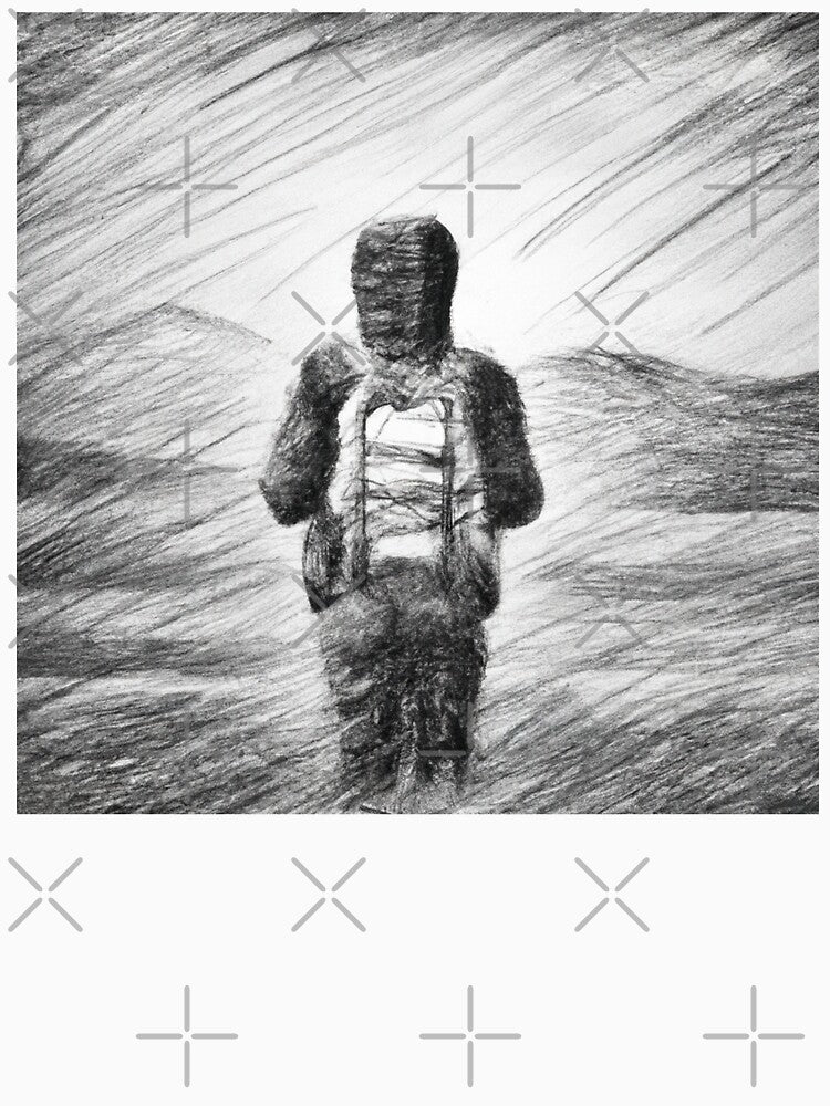 Abstract Pencil Art of a Lonely Backpacker Standing with a Beautiful Landscape Background by Parag's Travel Shop