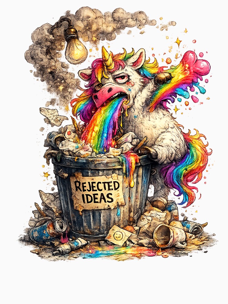 Rejected Ideas – Burnt-Out Unicorn Vomiting Rainbows by StrayaDesign