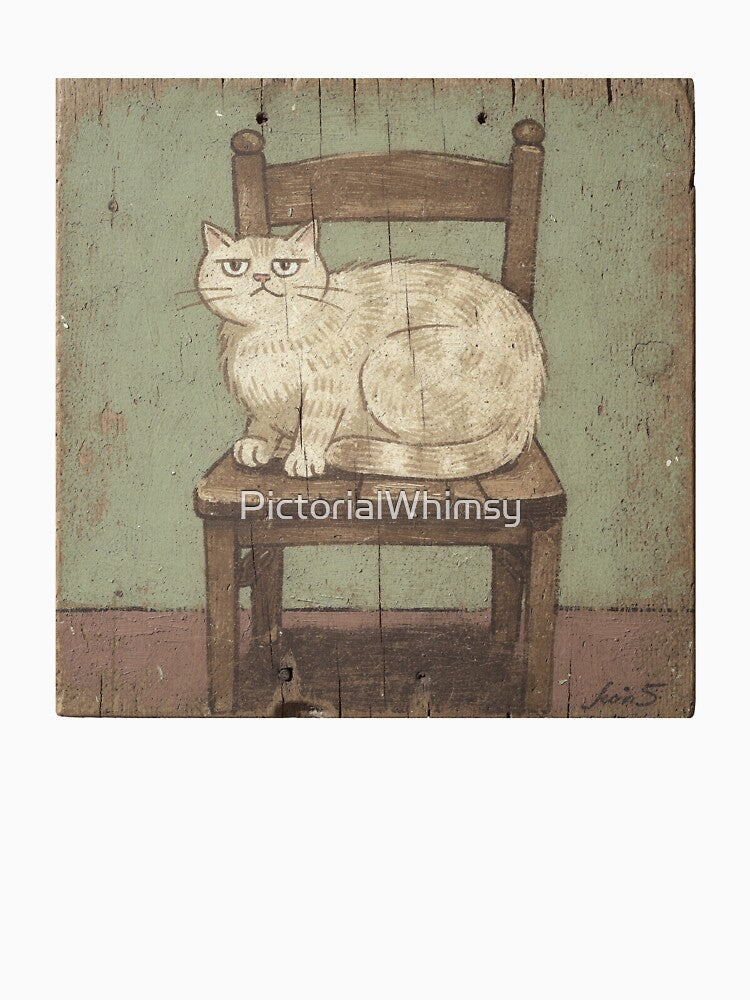 Annoyed Chonky Cream Cat Refusing to Share the Chair Folk Art by PictorialWhimsy