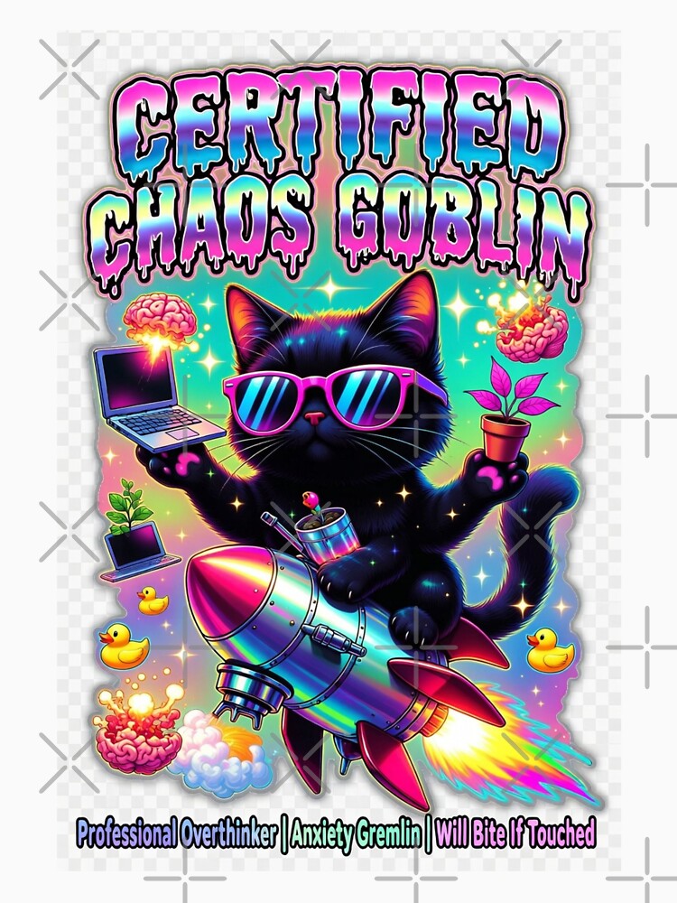 Certified Chaos Goblin Funny Sarcastic Cat Sticker | Overthinker Anxiety Gremlin Laptop Decal | Cute Maximalist Y2K Vinyl Sticker by Roguetees5150