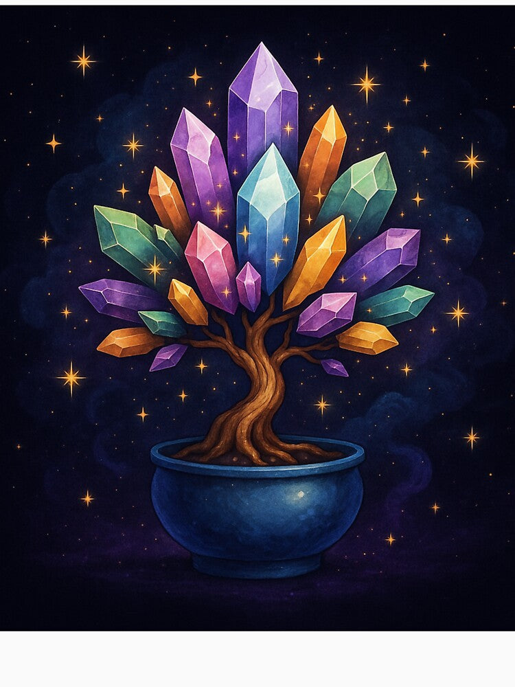 Crystal Bonsai Tree | Mystical Gemstone Energy Art under Starlit Sky by Painted Moon by Luna Bee™