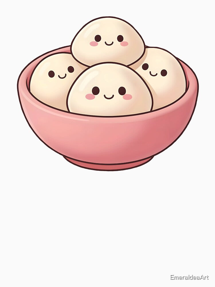 Four Cute Kawaii Dumplings in Pink Bowl – Pastel Food Illustration by EmeraldeaArt